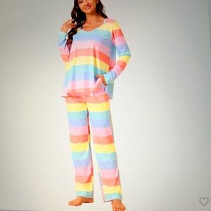 Cheibear women’s cotton rainbow stripe long sleeve lounge with pants pajama set